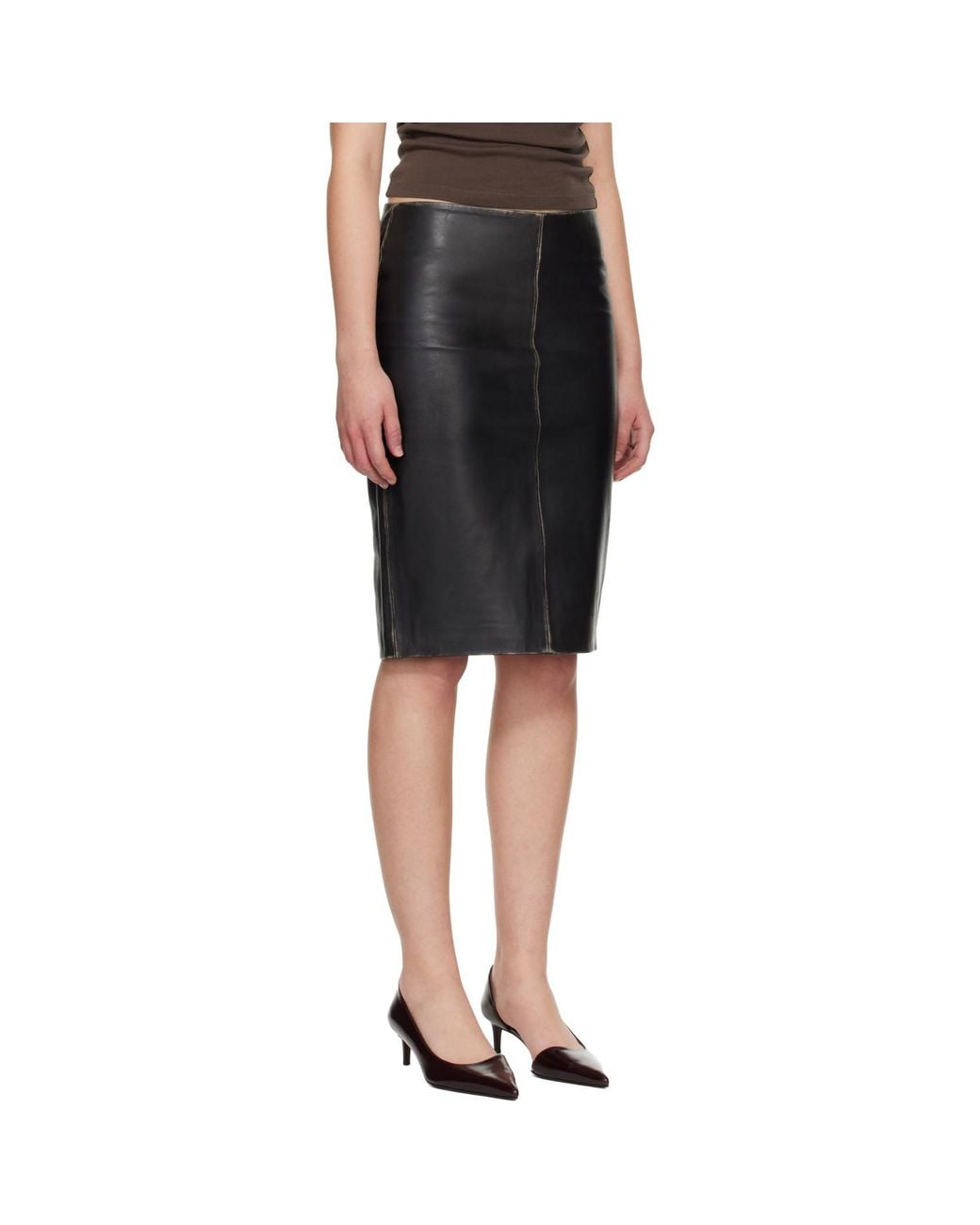 St. Agni Black Brushed Leather Pencil Midi Skirt