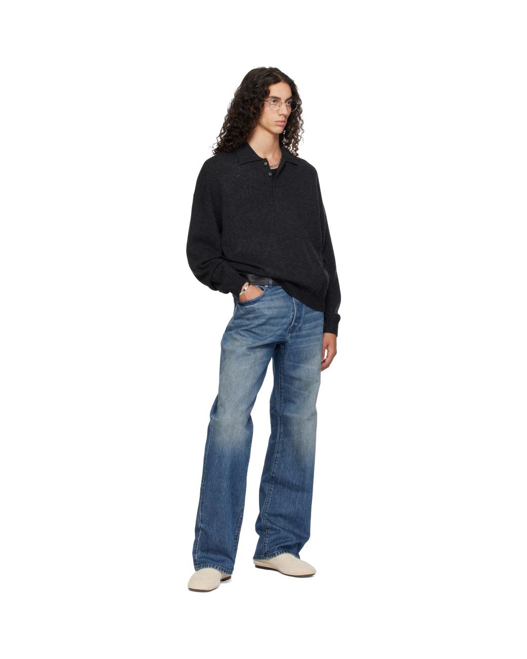 YACAIA Black Y-0024 Oversized Merino Polo for men