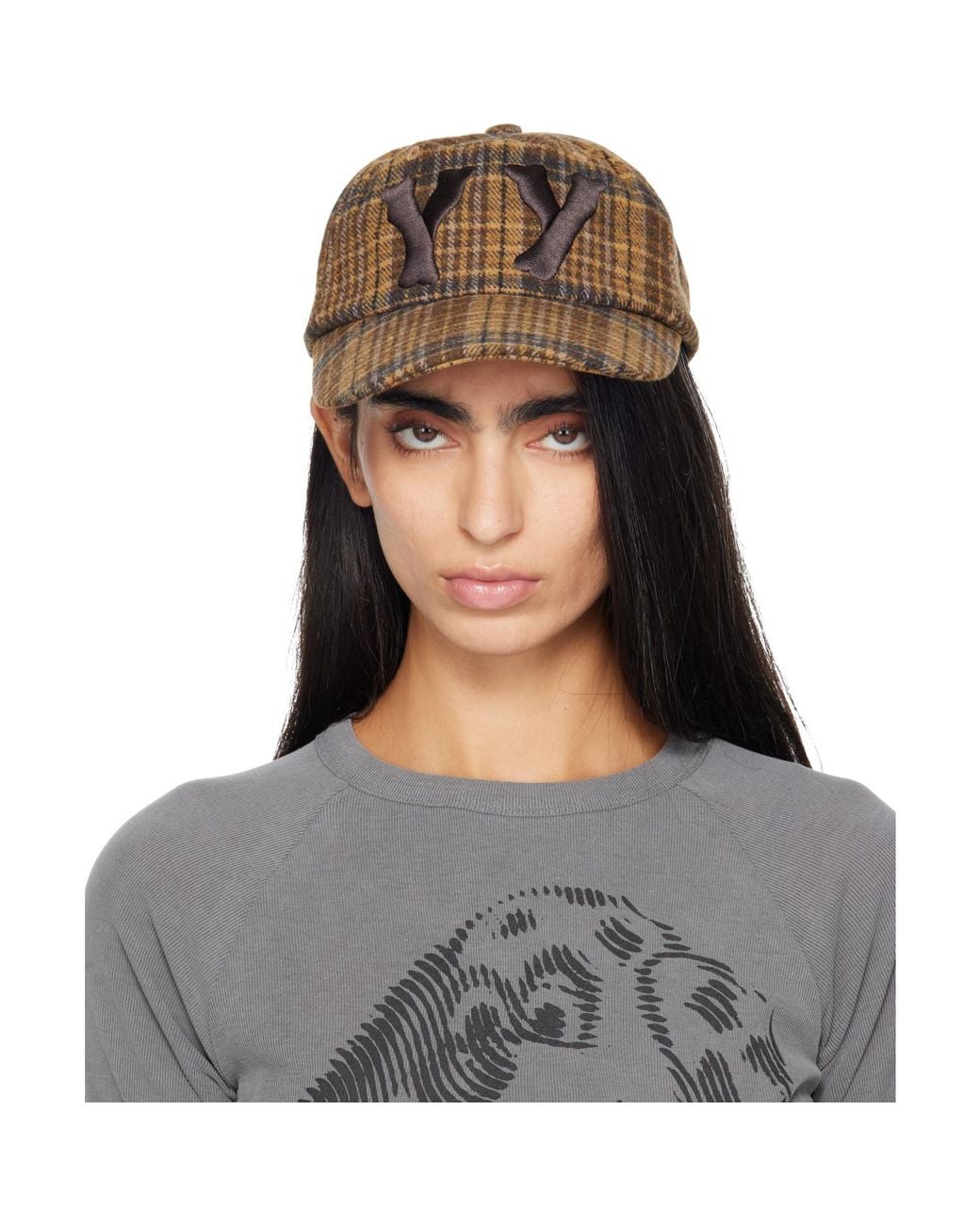 OPEN YY Gray 'Yy' Checkered Heart Bone Ball Cap