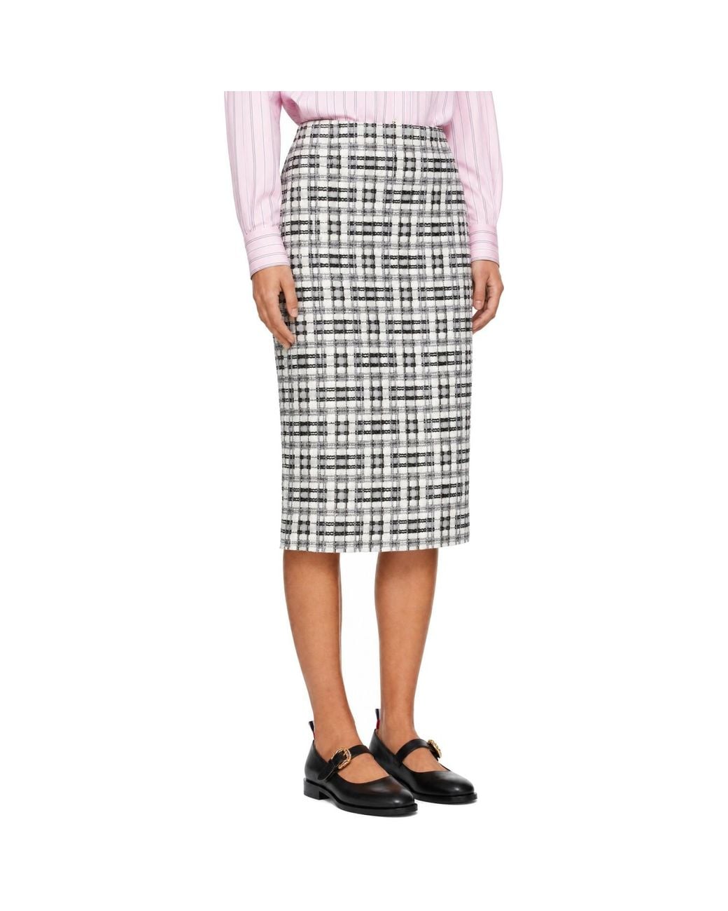 Thom Browne White Off- Ribbon Tweed Fray Midi Pencil Skirt