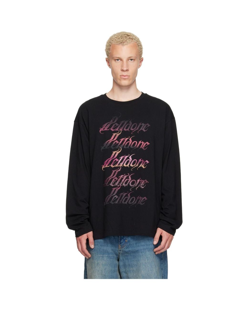 we11done Black Gradient Logo Long-Sleeved T-Shirt for men