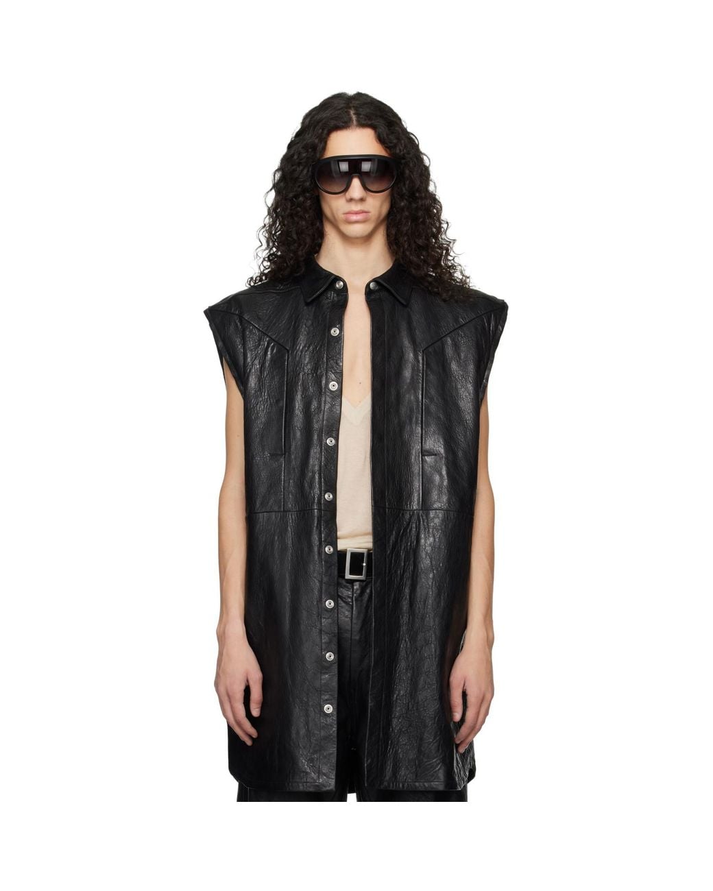 Rick Owens Black Temple Jumbo Outshirt Leather Vest for men