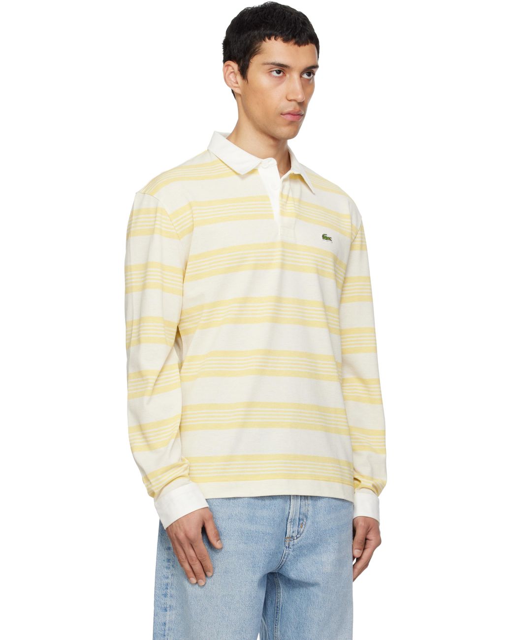 メンズ Lacoste ホワイト＆イエロー リラックスフィット ボーダー ピケ ラガーシャツ Multicolor
