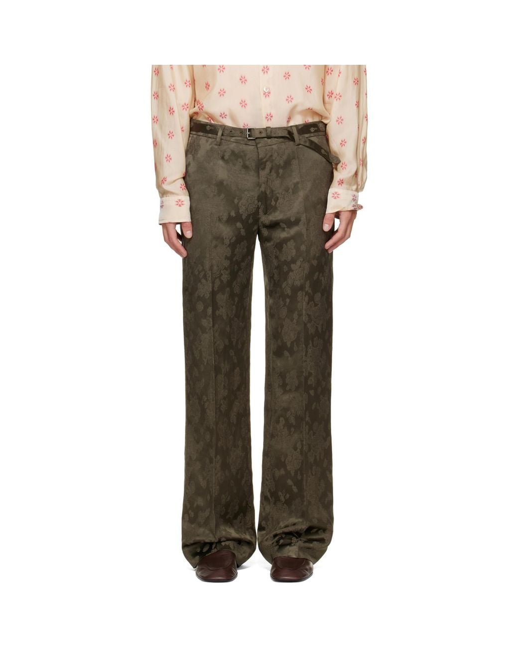 Dries Van Noten Green Khaki Belted Floral Jacquard Trousers for men
