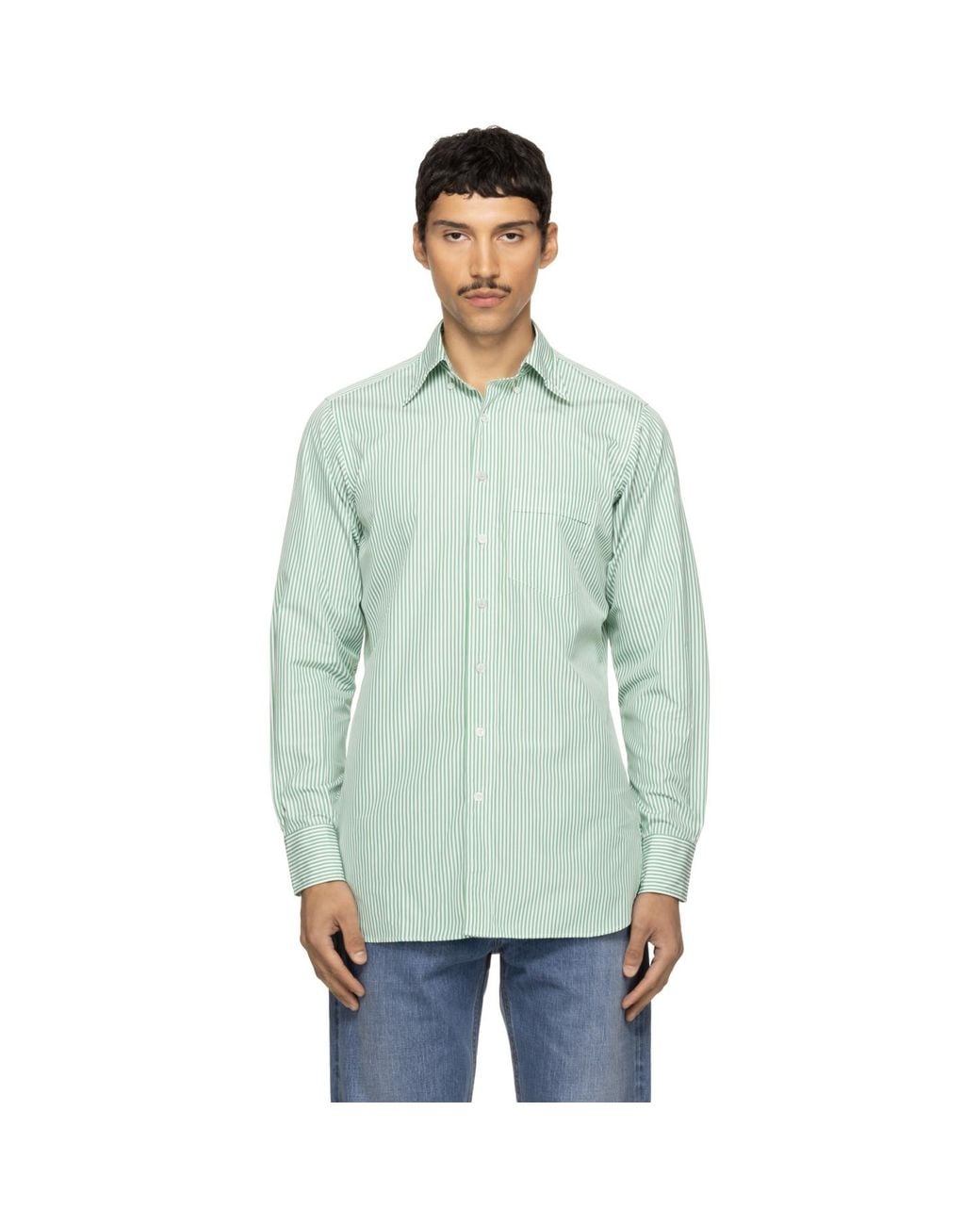 Drake's Green Narrow Stripe Cotton Poplin Button-Down Shirt for men