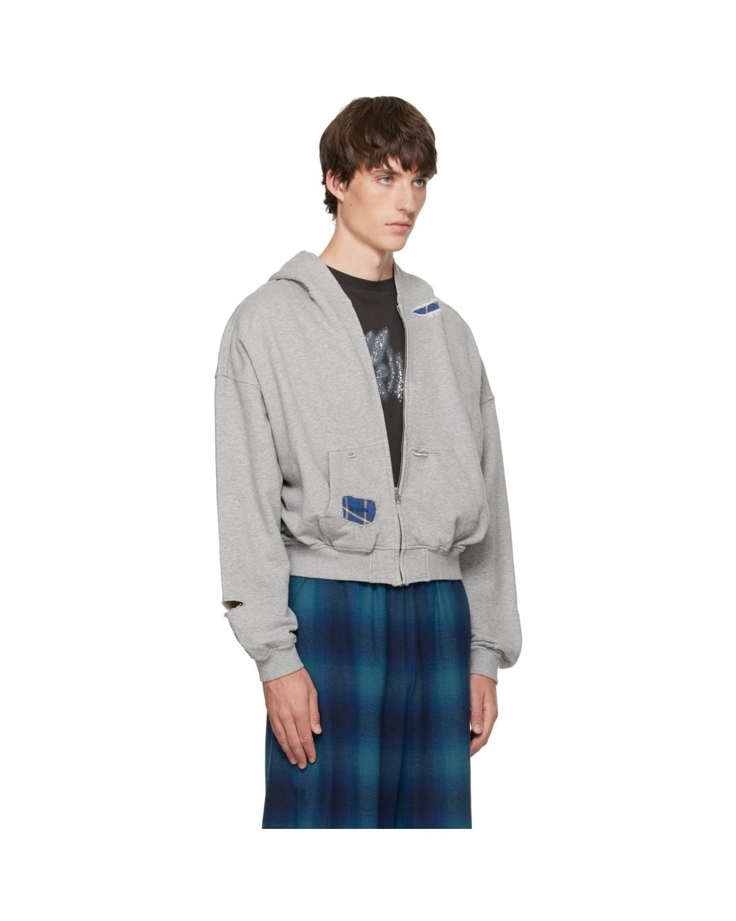 we11done Gray Repaired Zip-Up Hoodie for men