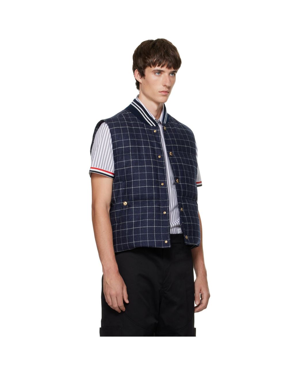 Thom Browne Blue Down Snap-Front Windowpane Tweed Vest for men