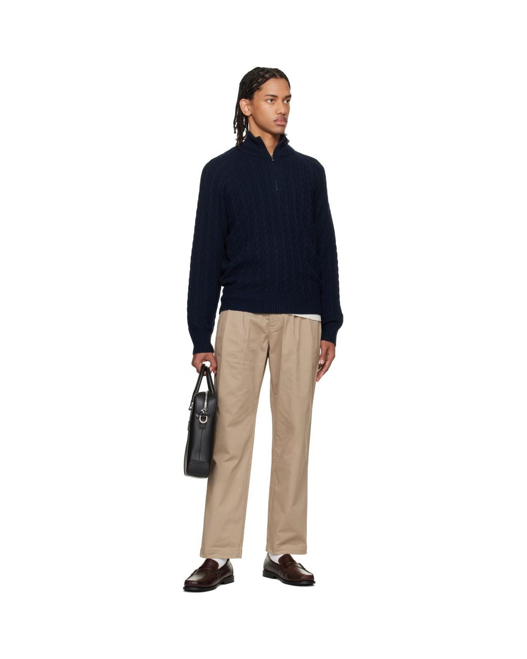 Boss Blue Zip-Neck All-Over Cable Pattern Sweater for men