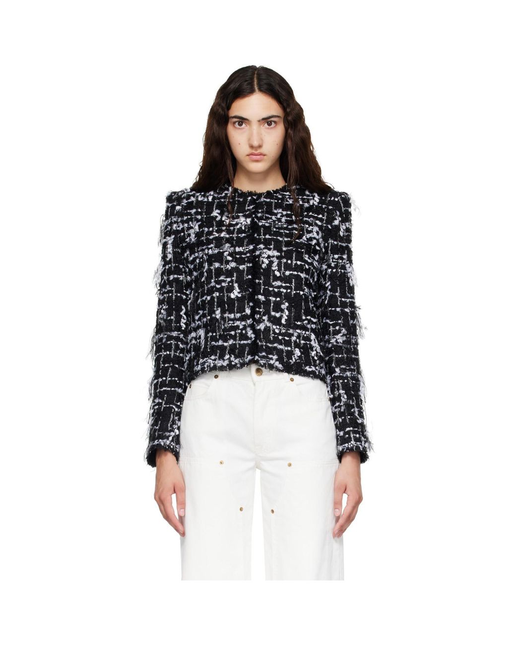 Balmain Black Cropped Fringed Tweed Jacket
