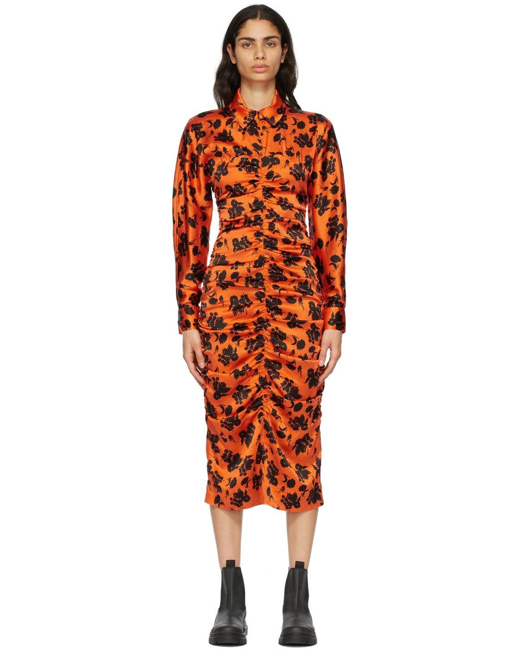 Ganni Orange & Black Silk Fitted Dress | Lyst Australia