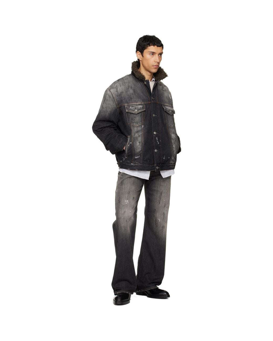 Acne Black Washed Paint Splattered Faux Shearling Denim Jacket for men