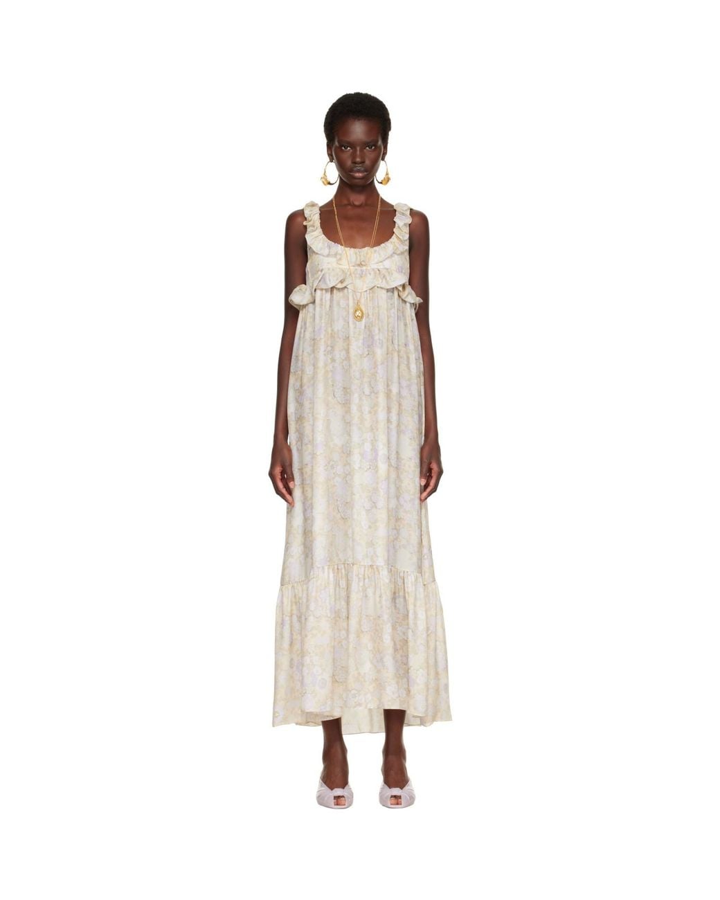 Chloé Natural Painted Flowers Print Silk Charmeuse Maxi Dress