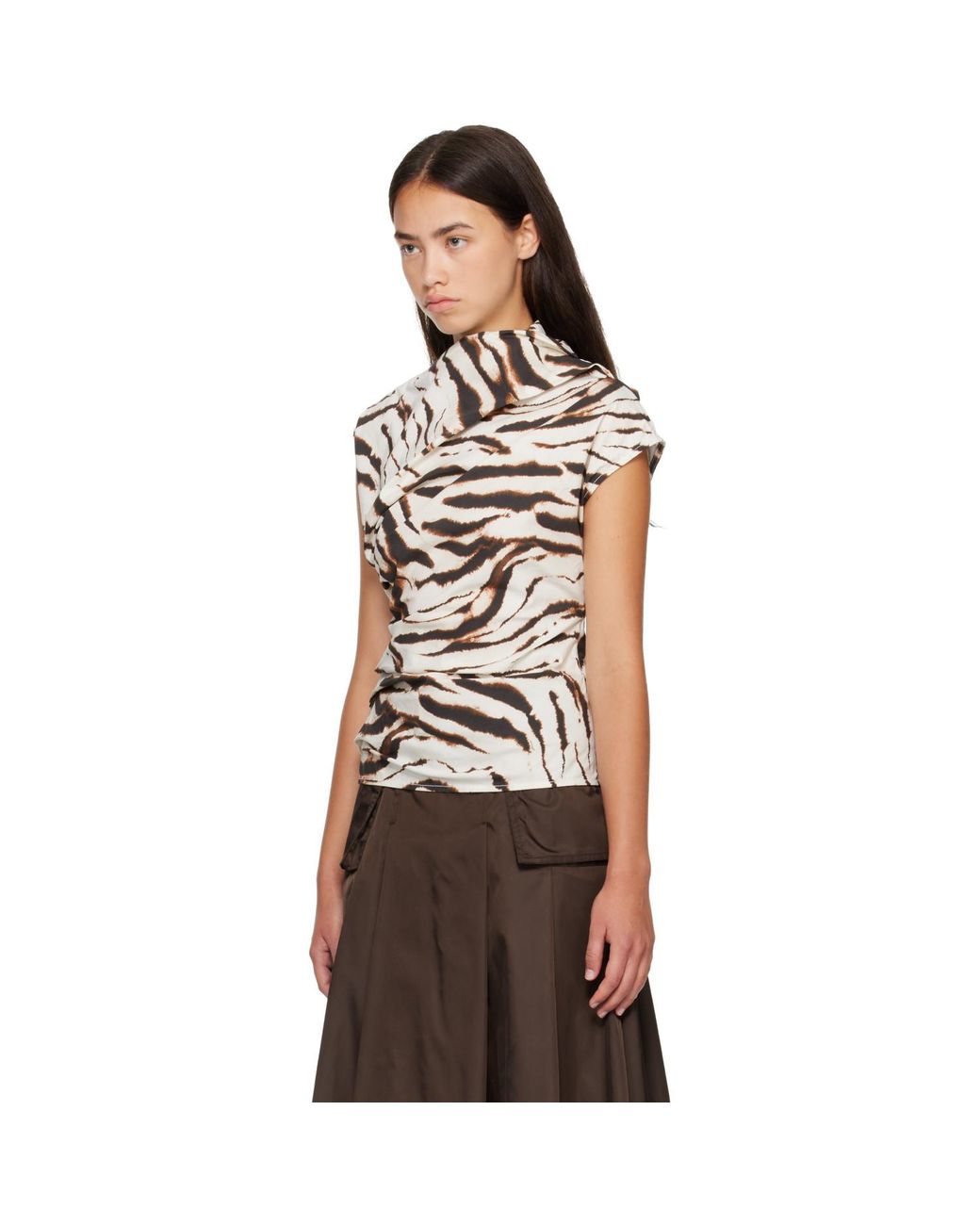 Ganni Brown Off- Printed Stretch Cotton Ruched Top