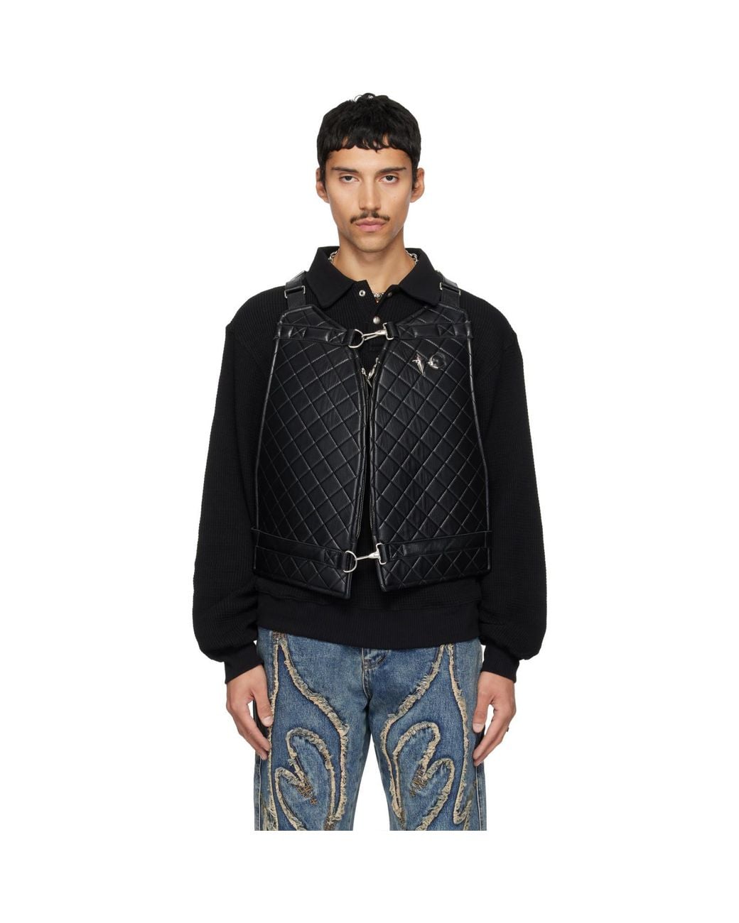 THUG CLUB Black Quilting Life Leather Vest for men