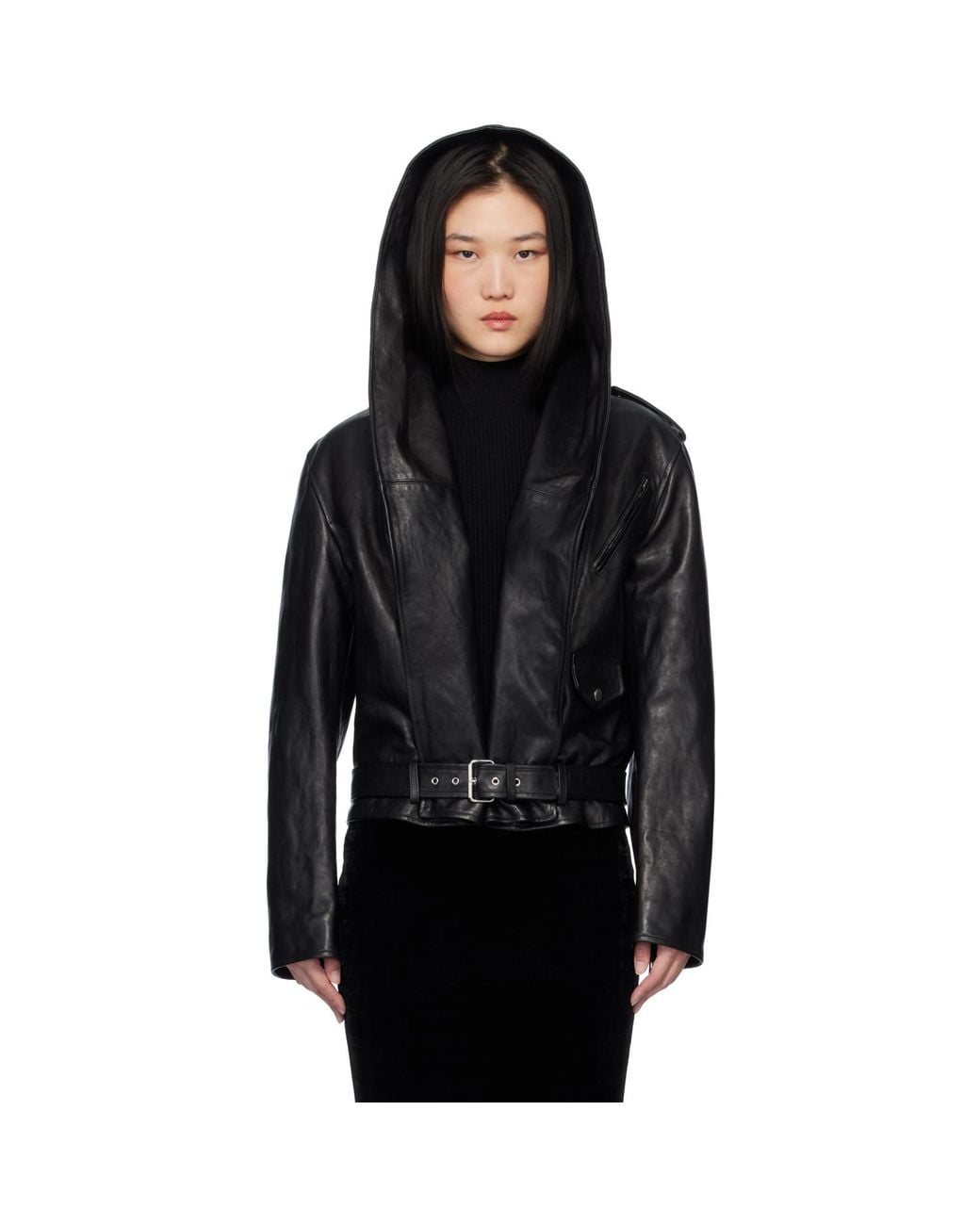 Alaïa Black Hooded Biker Leather Jacket