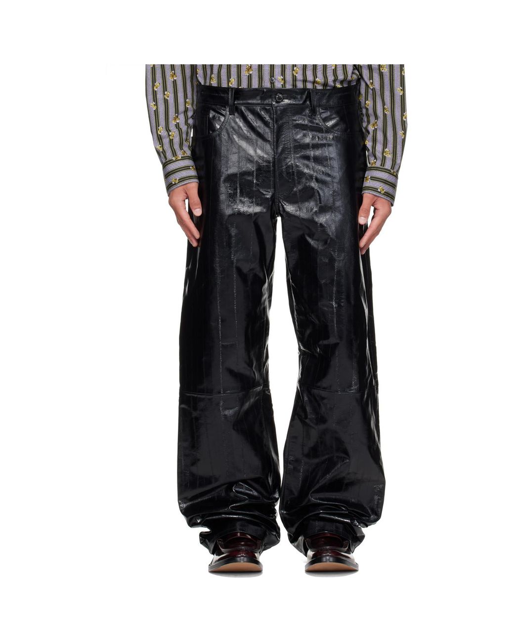 Dries Van Noten Black Loose Leather Pants for men