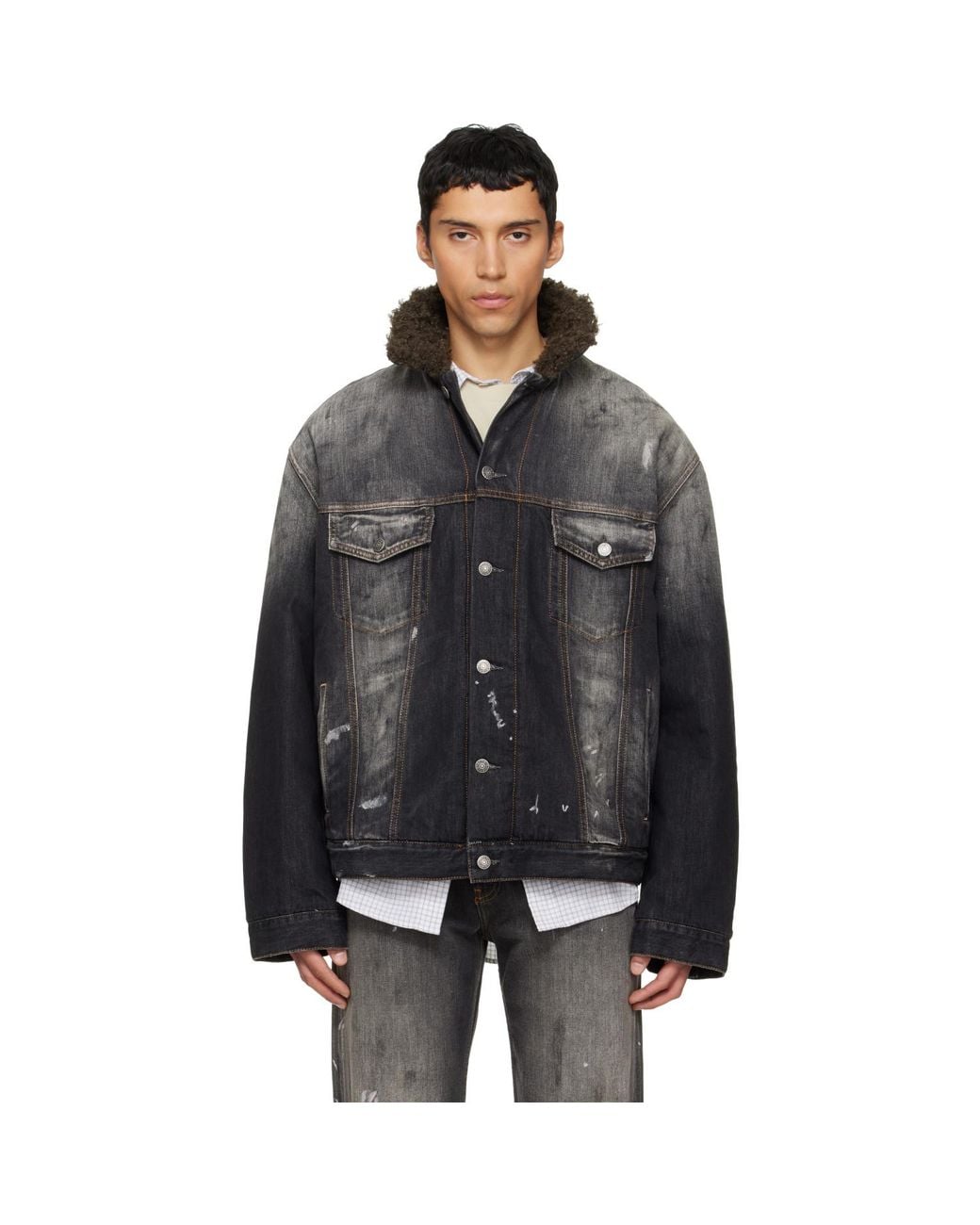 Acne Black Washed Paint Splattered Faux Shearling Denim Jacket for men