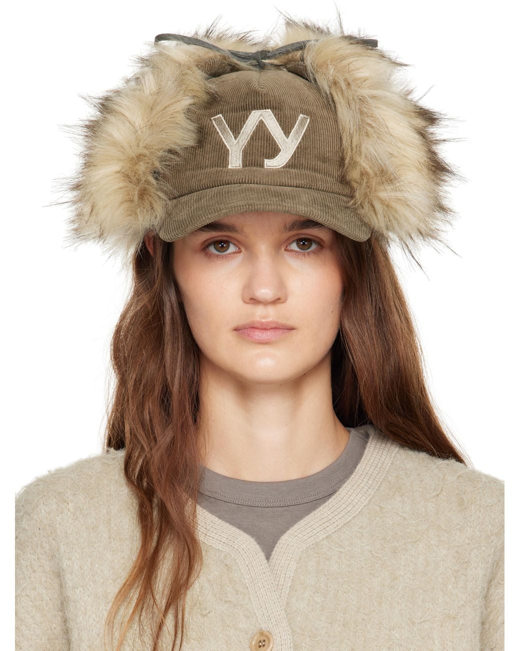 OPEN YY カーキ＆ベージュ フェイクファー コーデュロイ イヤー