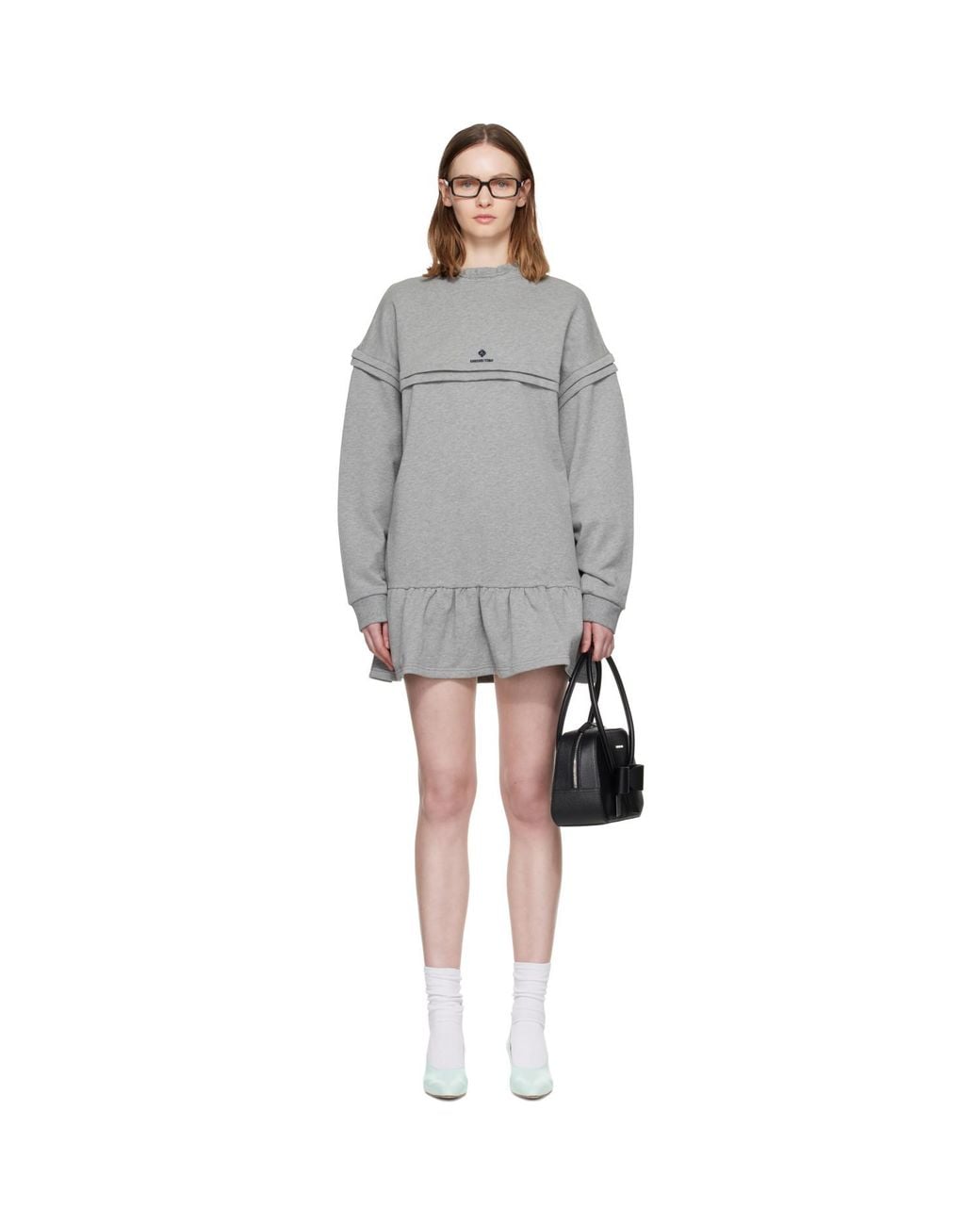 ShuShu/Tong Black Raw-Edge Wave Collar Tuck Detail Sweatshirt Minidress