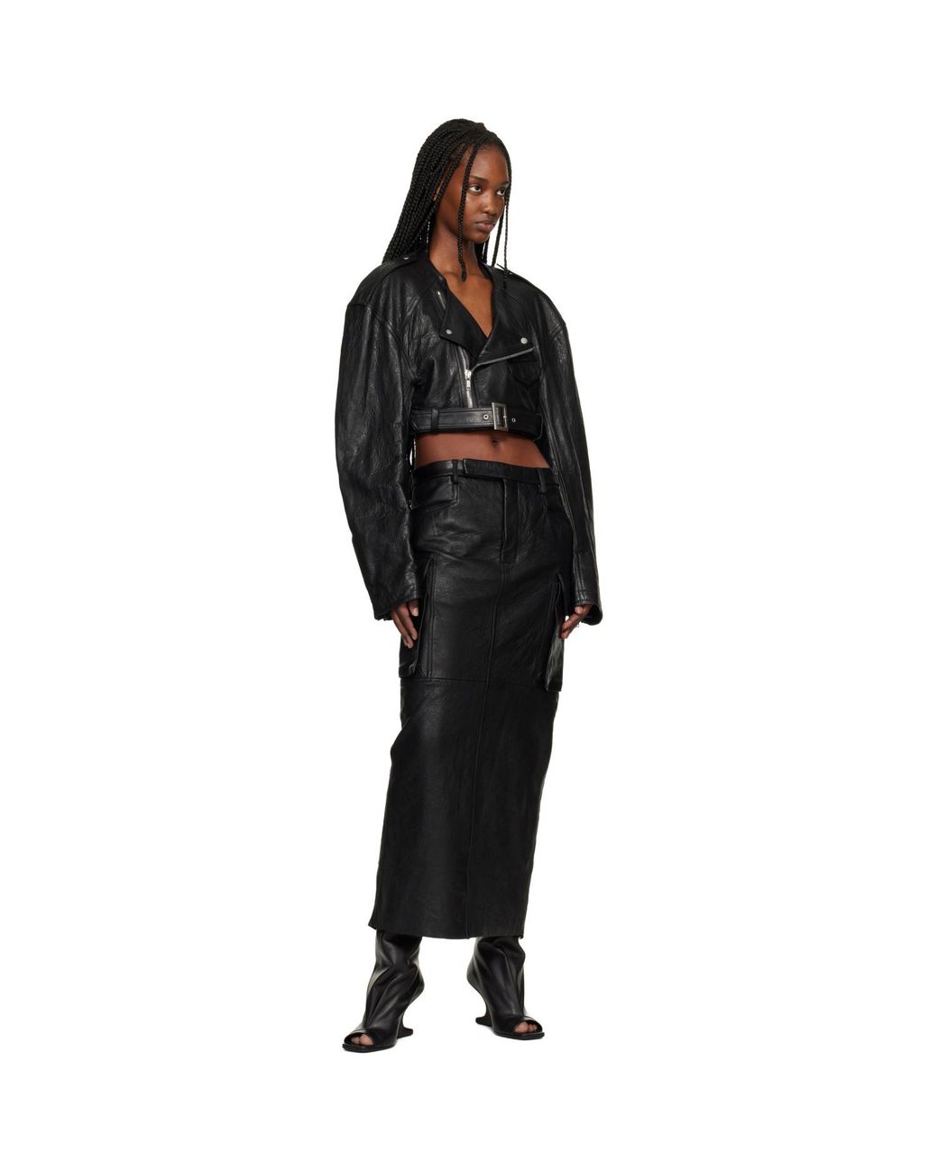 Rick Owens Black Temple Firbanks Leather Midi Skirt