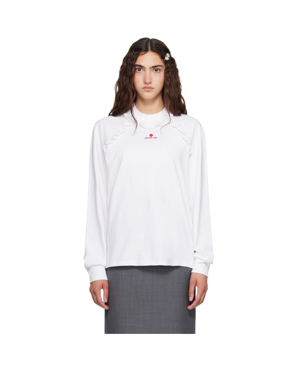 ShuShu/Tong White Lace Trim Long Sleeve T-Shirt