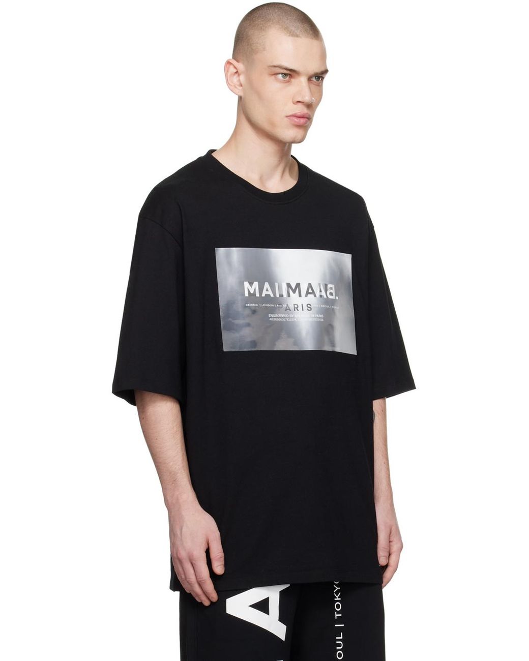 希少【BALMAIN】HOLOGRAM ブラックTシャツ Balmain Main Lab Holographic Crewneck T-Shirt | Saks Fifth