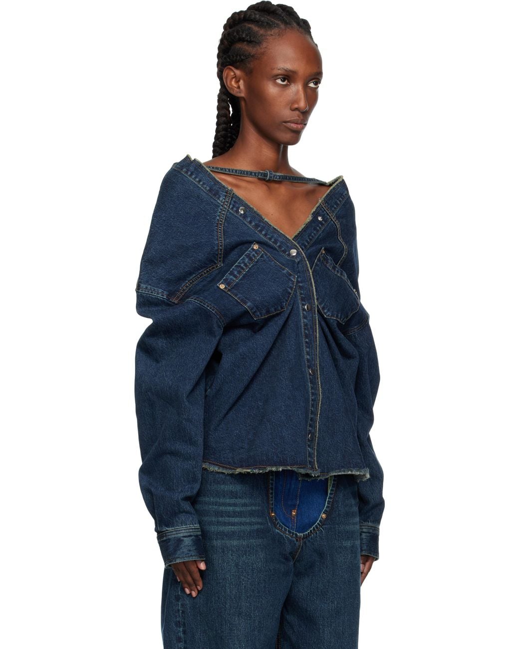 Pushbutton Blue Strap Point Denim Top