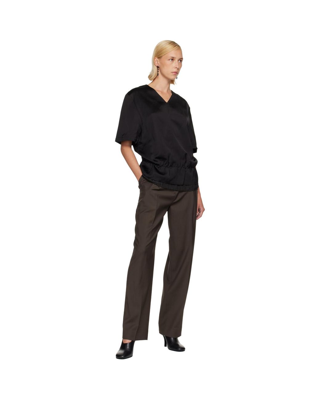Totême Black V-Neck Satin Pullover Top
