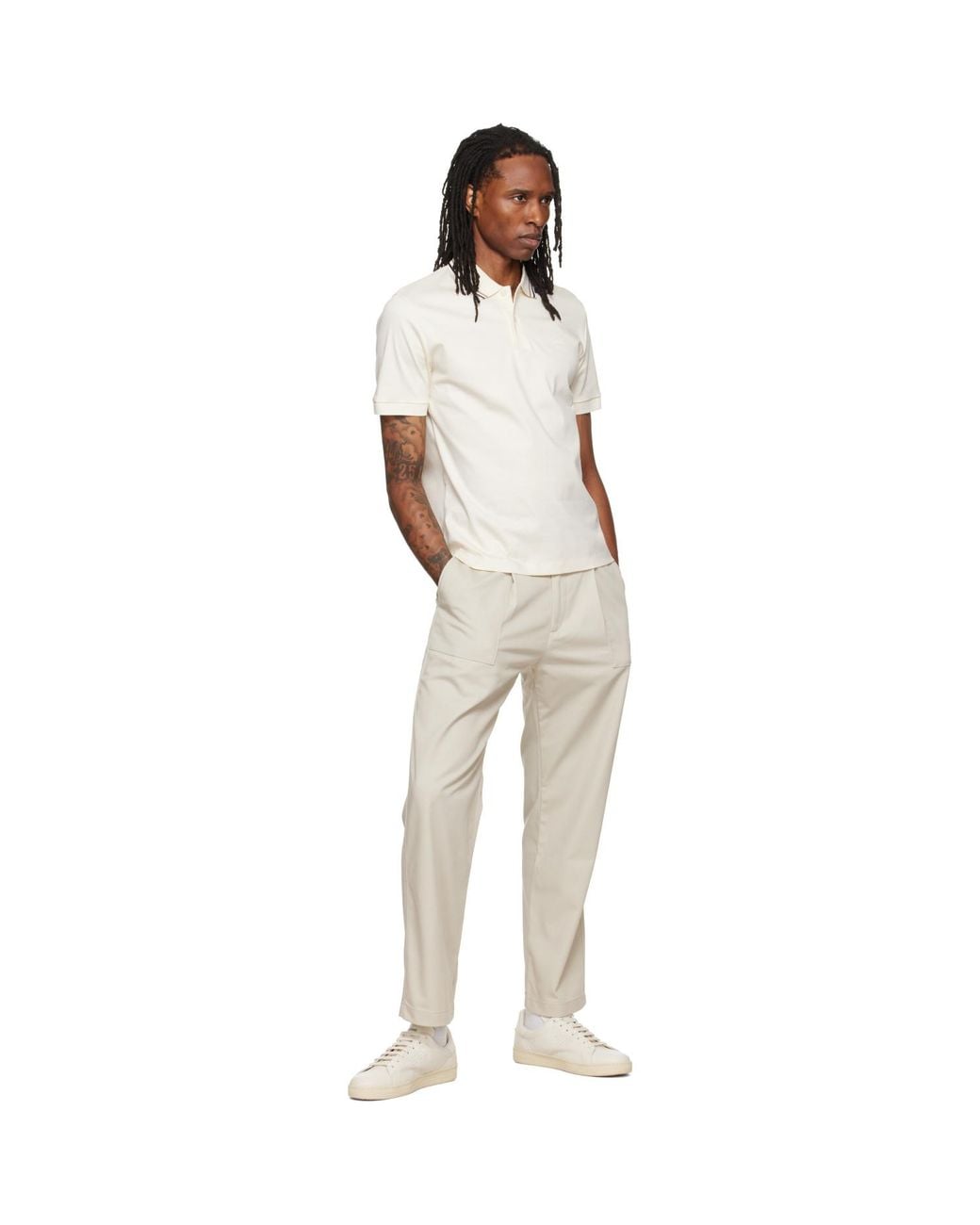 Boss White Off- Striped Collar Slim-Fit Cotton Polo for men