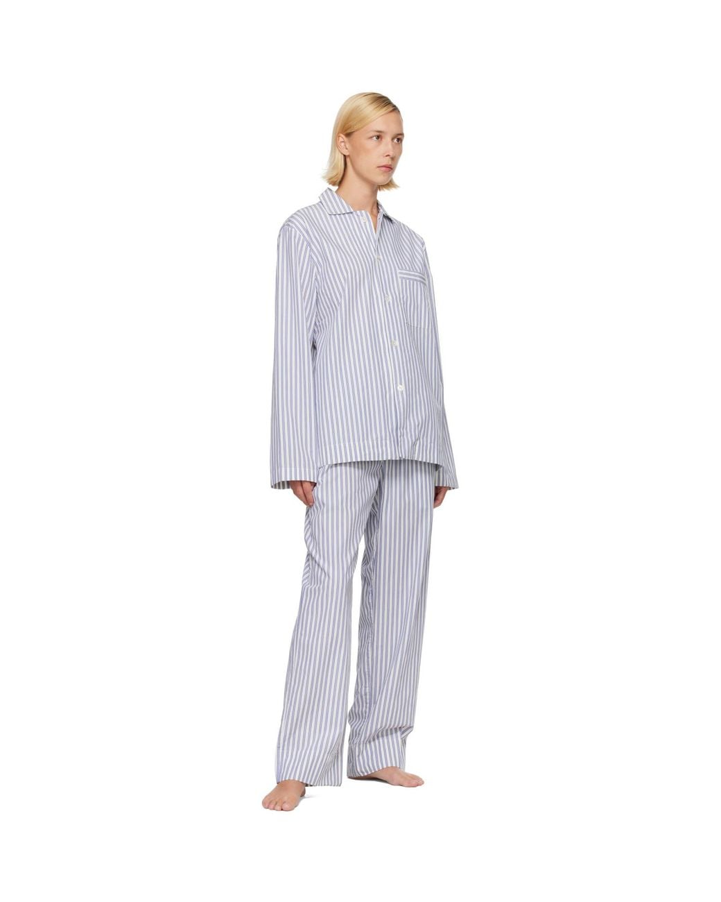 Tekla Blue Poplin Long-Sleeved Pyjama Shirt