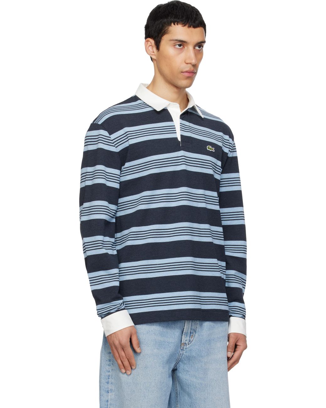 メンズ Lacoste ネイビー＆ブルー リラックスフィット ボーダー ピケ ラガーシャツ Blue