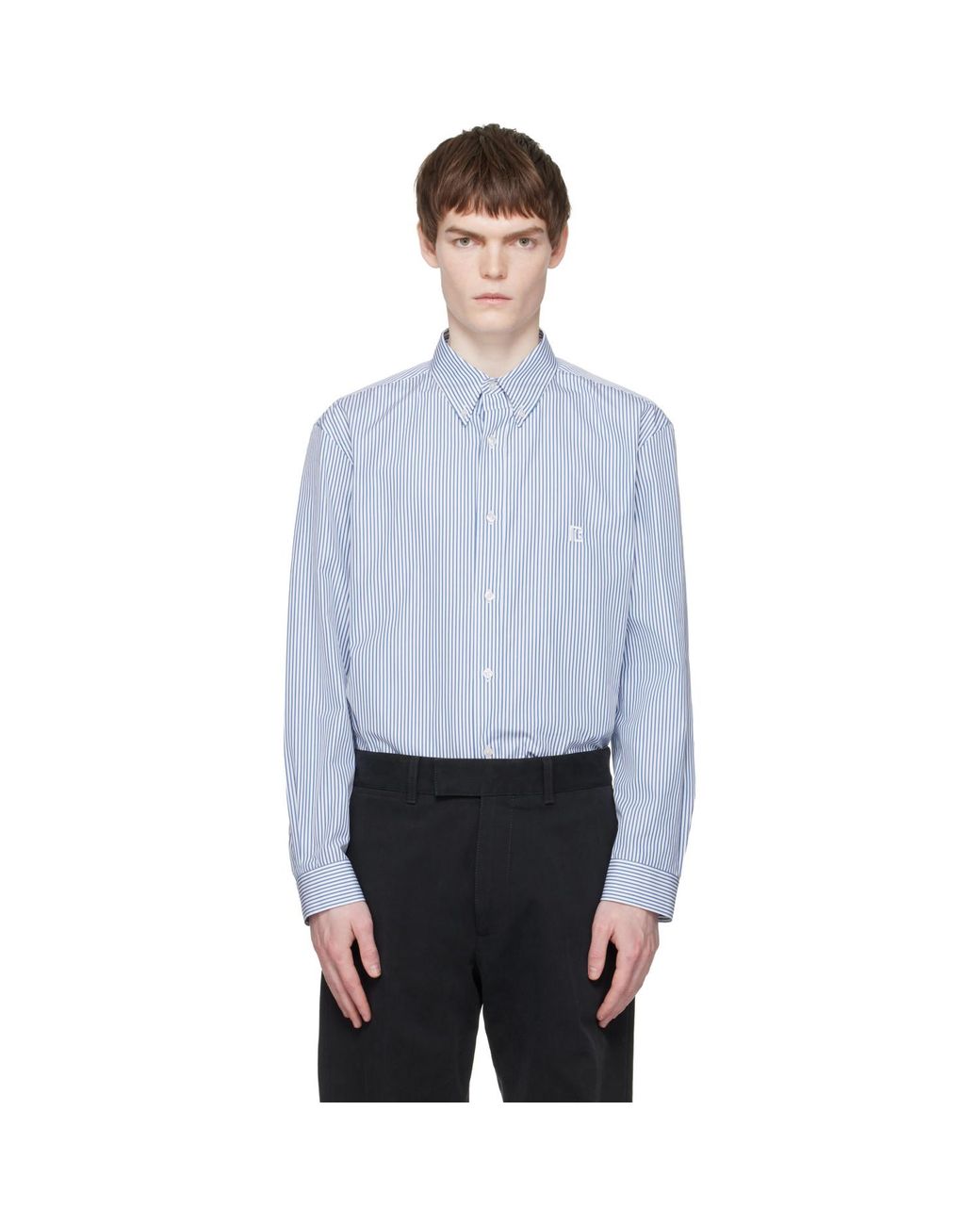 Balmain Gray Embroidered Pinstripe Popeline Regular Shirt for men