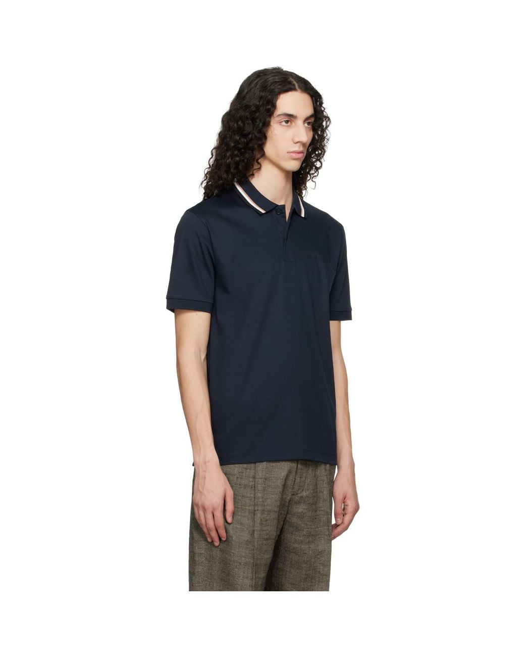Boss Black Striped-Collar Slim-Fit Cotton Logo Polo for men