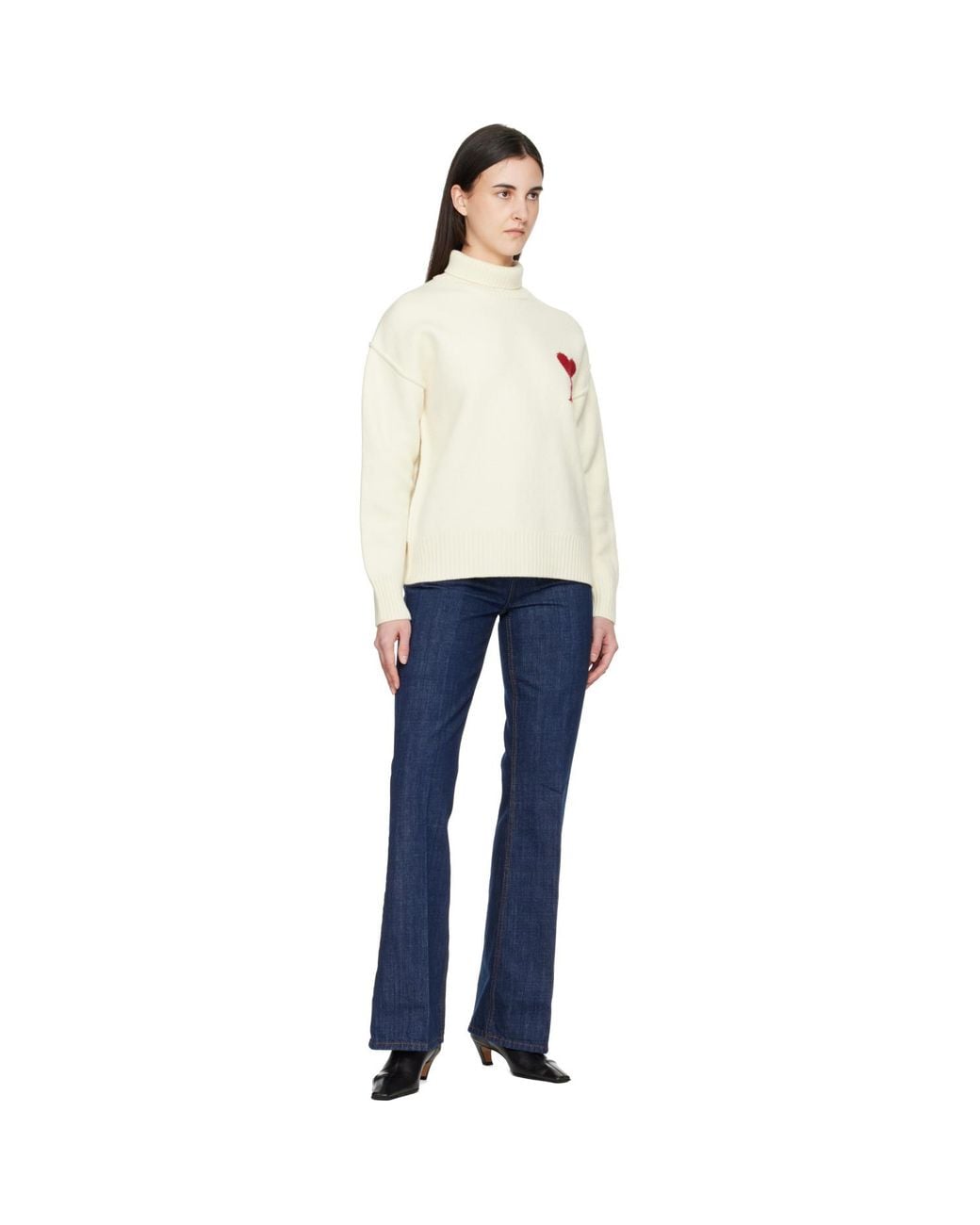 AMI Blue Off- Contrasted Ami De Coeur Funnel Neck Sweater