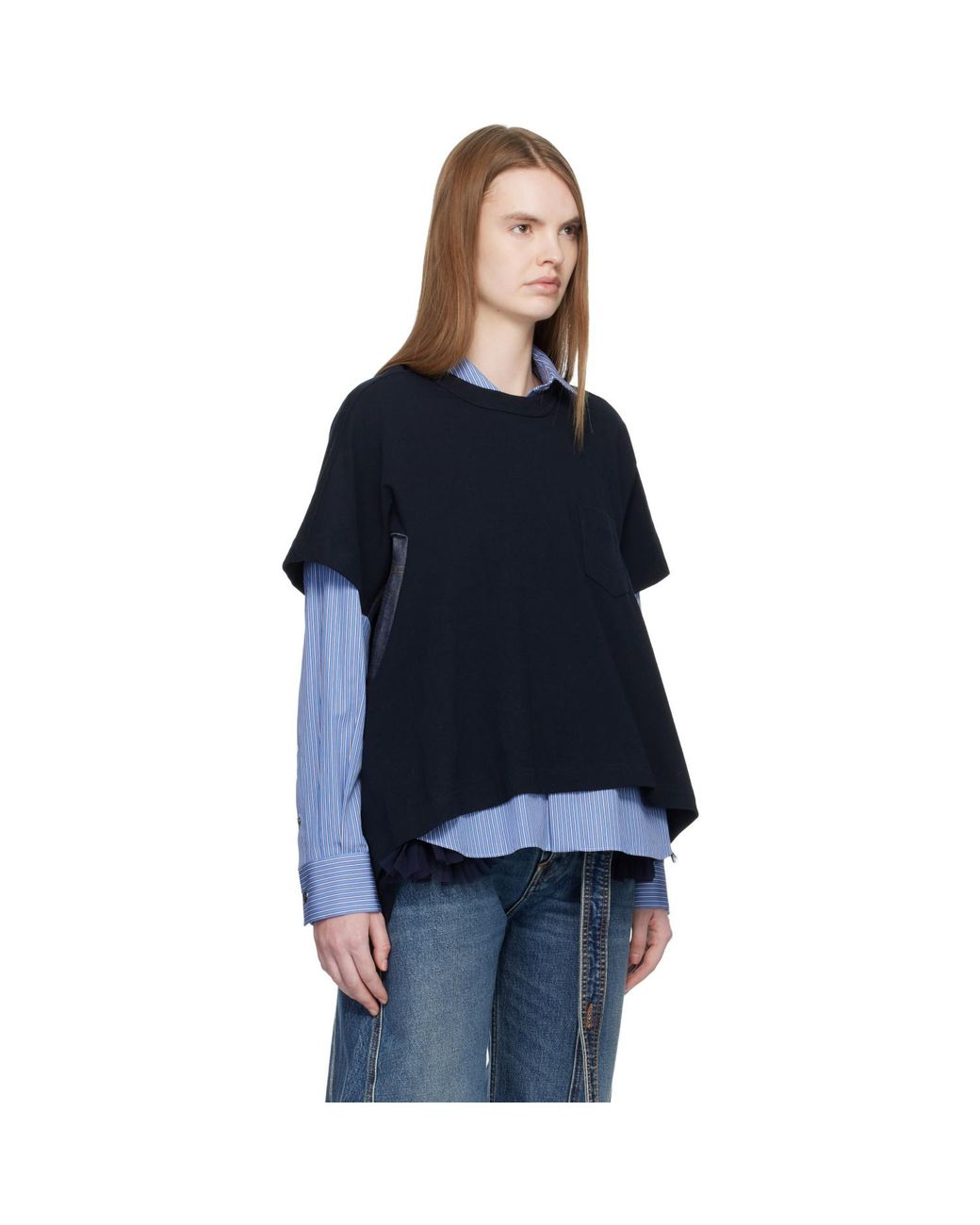 Sacai Black Light Weight Denim & Cotton Jersey T-Shirt