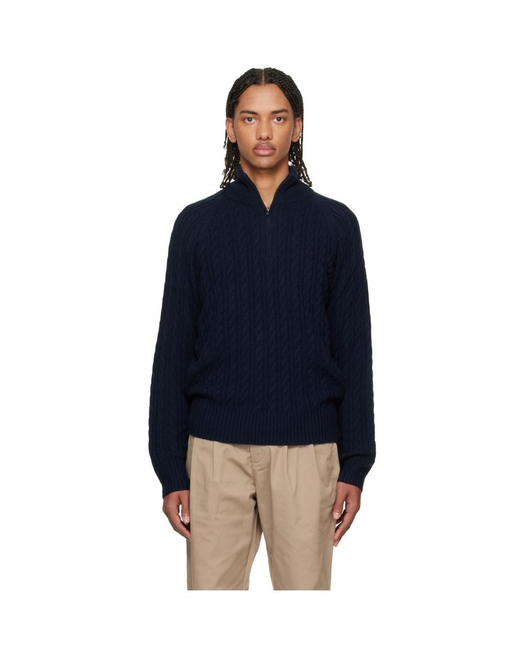 Boss Blue Zip-Neck All-Over Cable Pattern Sweater for men