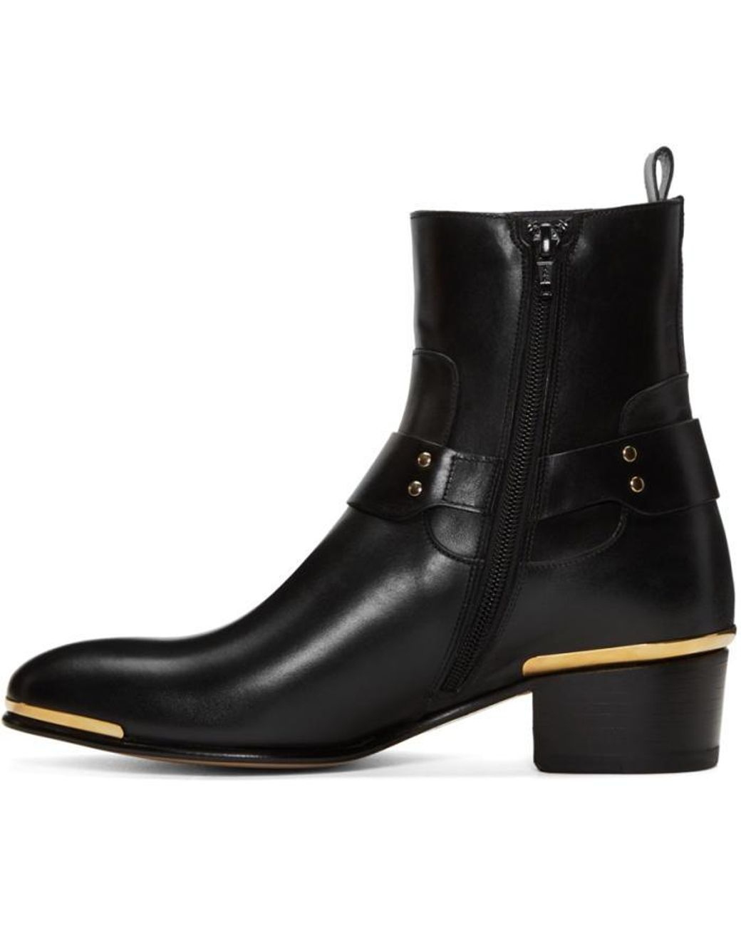 靴 VERSACE Harness design Side-gore Boots Versace Men's Black Leather Gold Medusa Combat Motorcycle