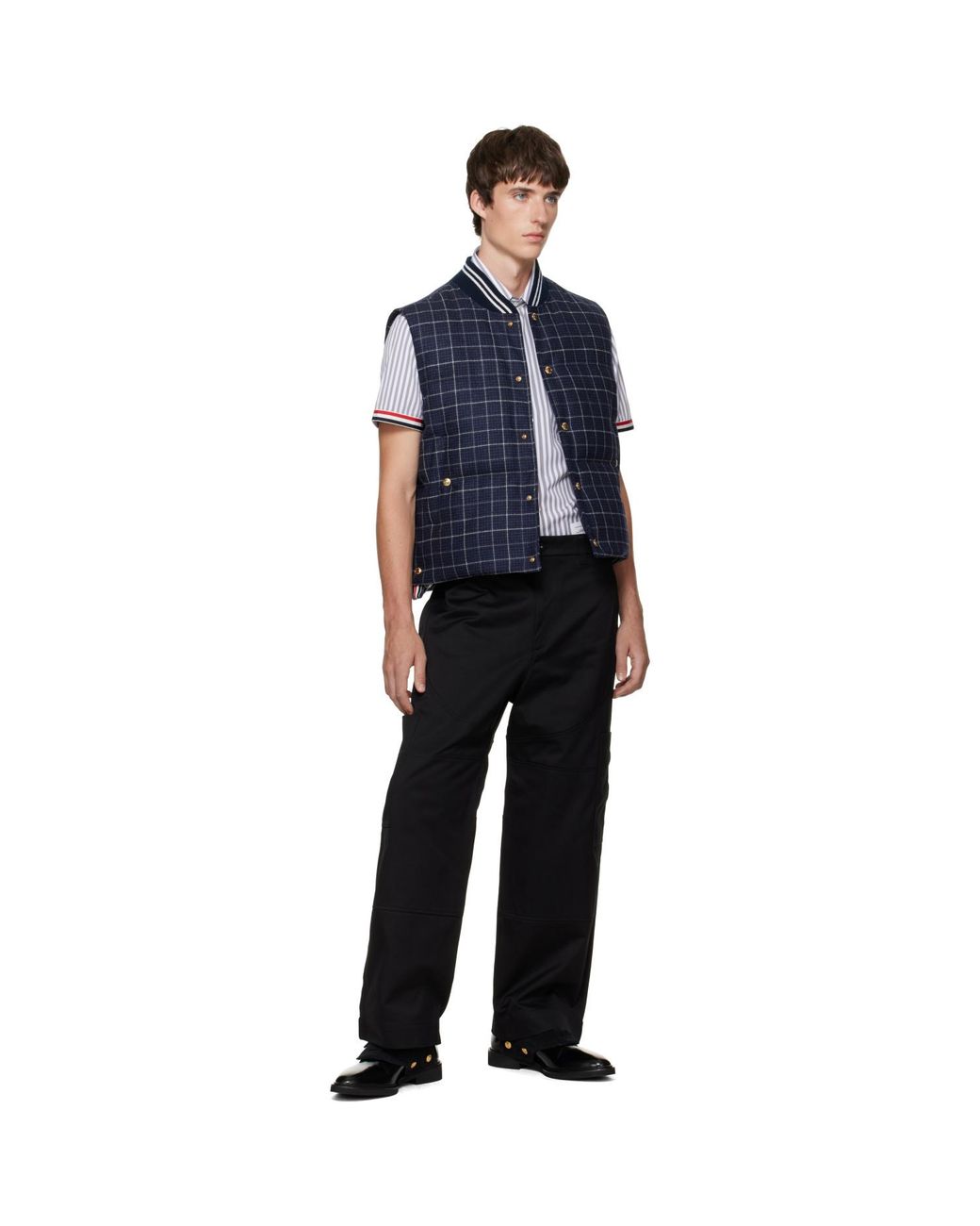 Thom Browne Blue Down Snap-Front Windowpane Tweed Vest for men