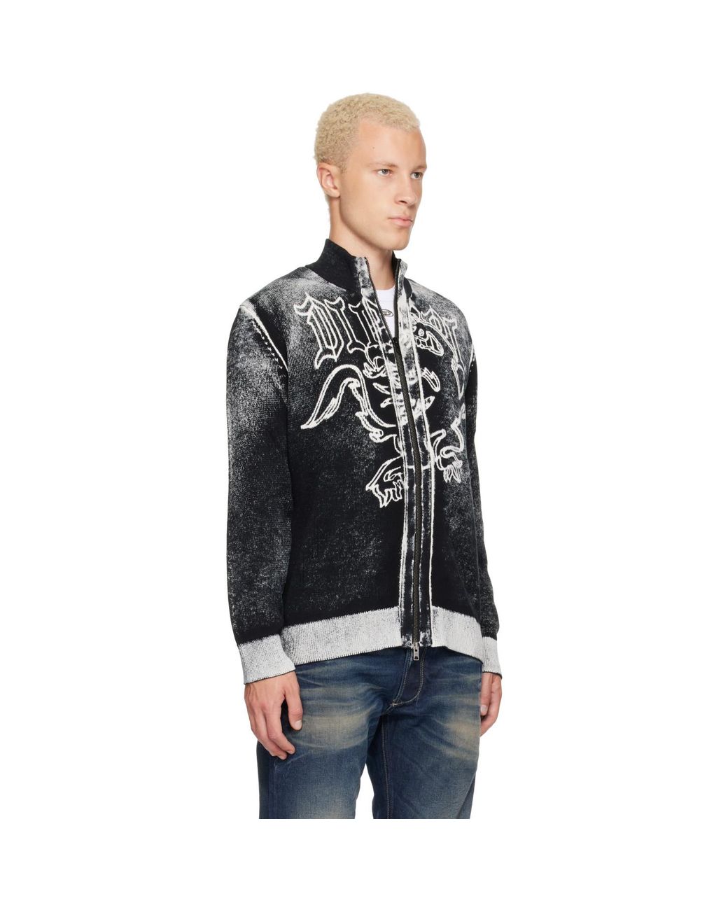 DIESEL Black Griffin Motif Zip Sweater for men