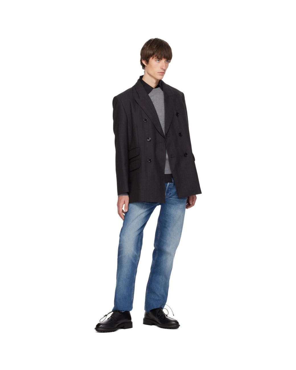 AMI Black Double-Breasted Striped Wool Blazer for men