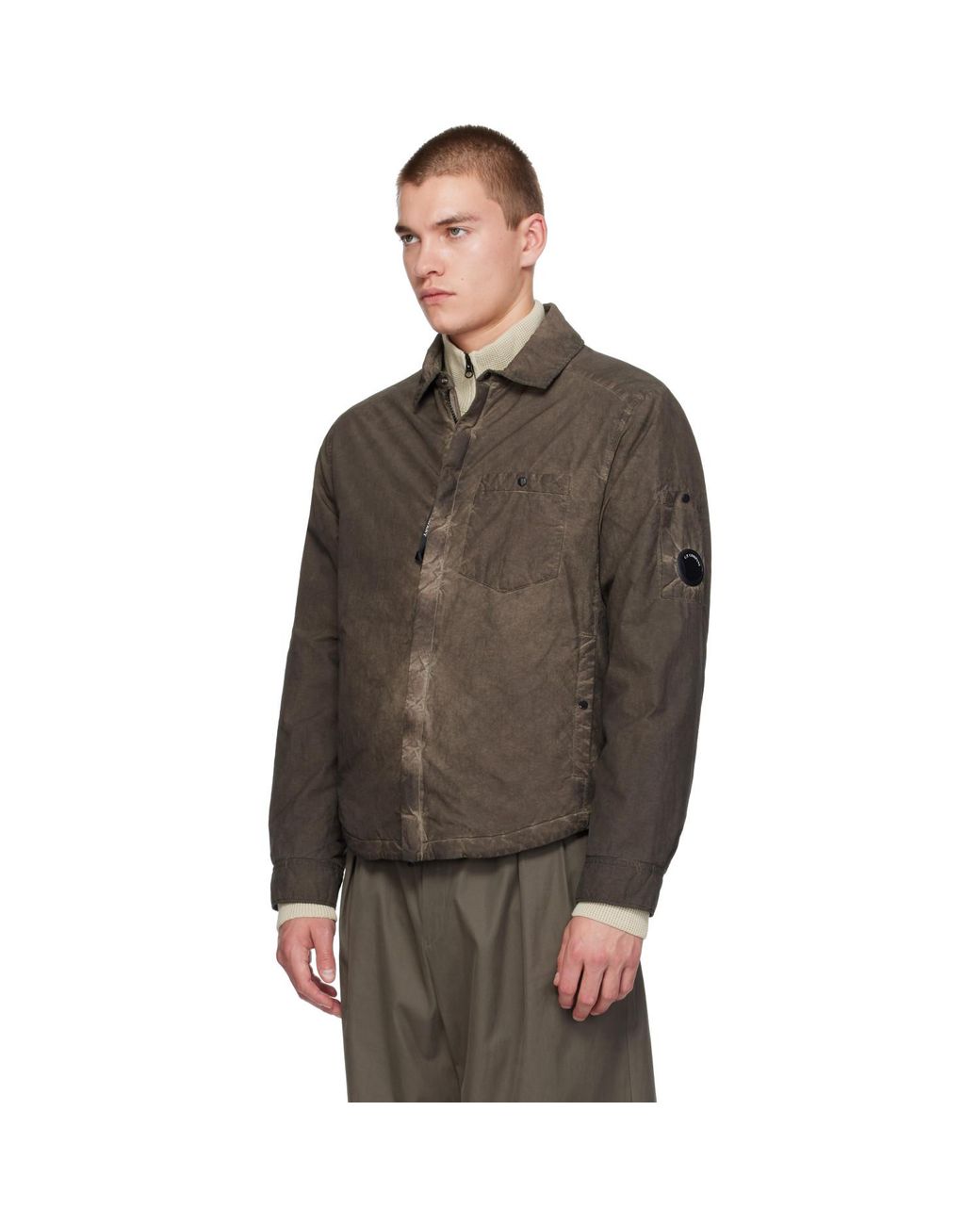 C P Company Brown Flatt Nylon Lens Padded Zipped Overshirt for men