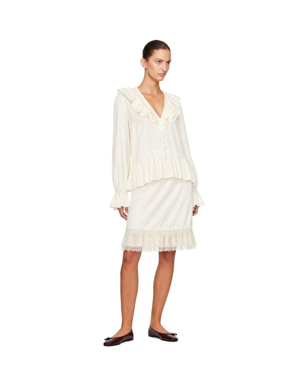 Ganni Natural Off- Frill Satin Midi Skirt
