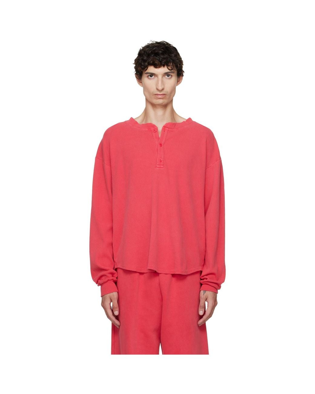 Les Tien Red Thermal Baseball Hem Henley for men