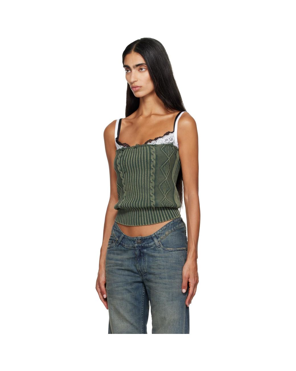 Balenciaga Green Patched Cotton Hybrid Cable Knit Tank Top