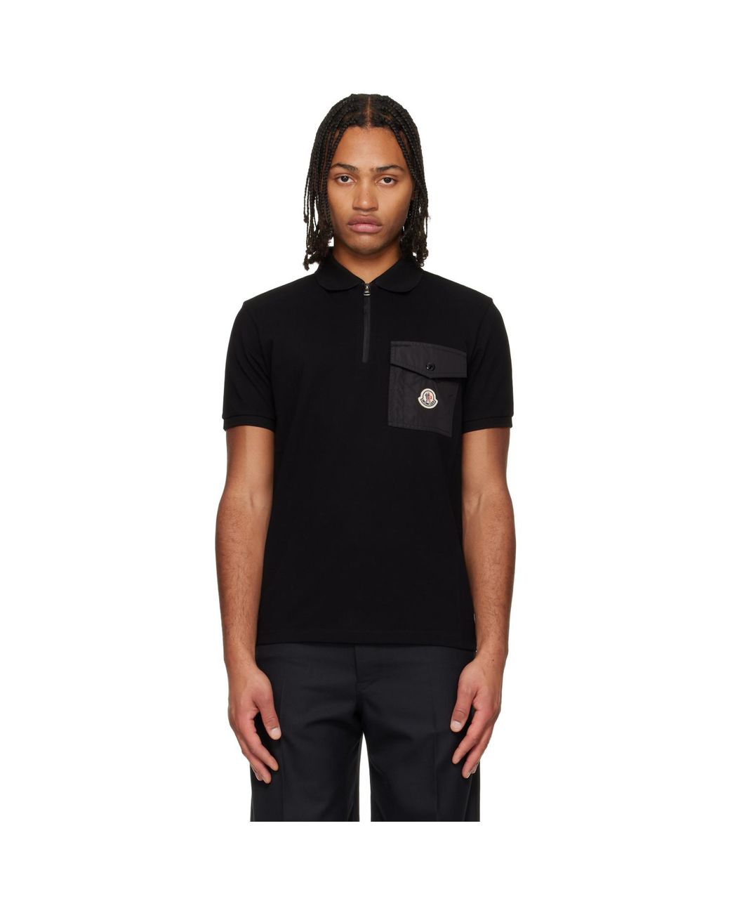 Moncler Black Cotton Piquet Pocket Polo for men