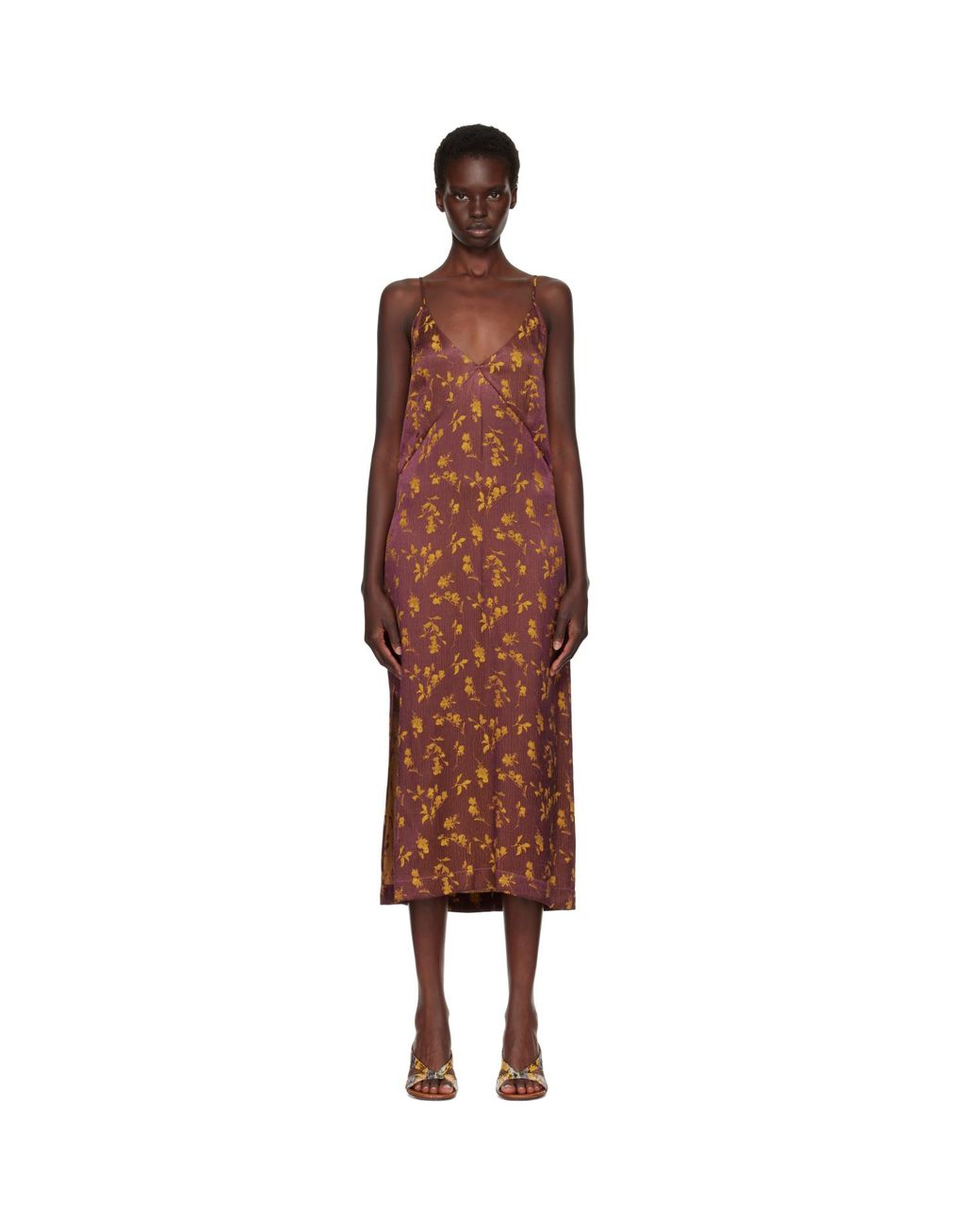 Dries Van Noten Brown Burgundy Jacquard Midi Dress