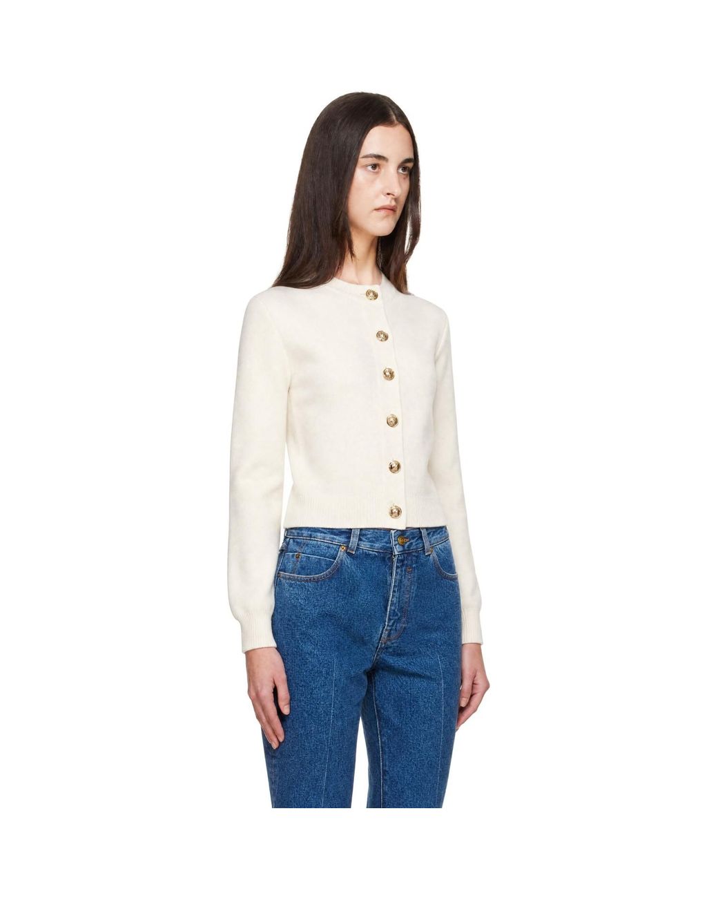 Balmain White Off- Buttoned Round Collar Cashmere Cardigan