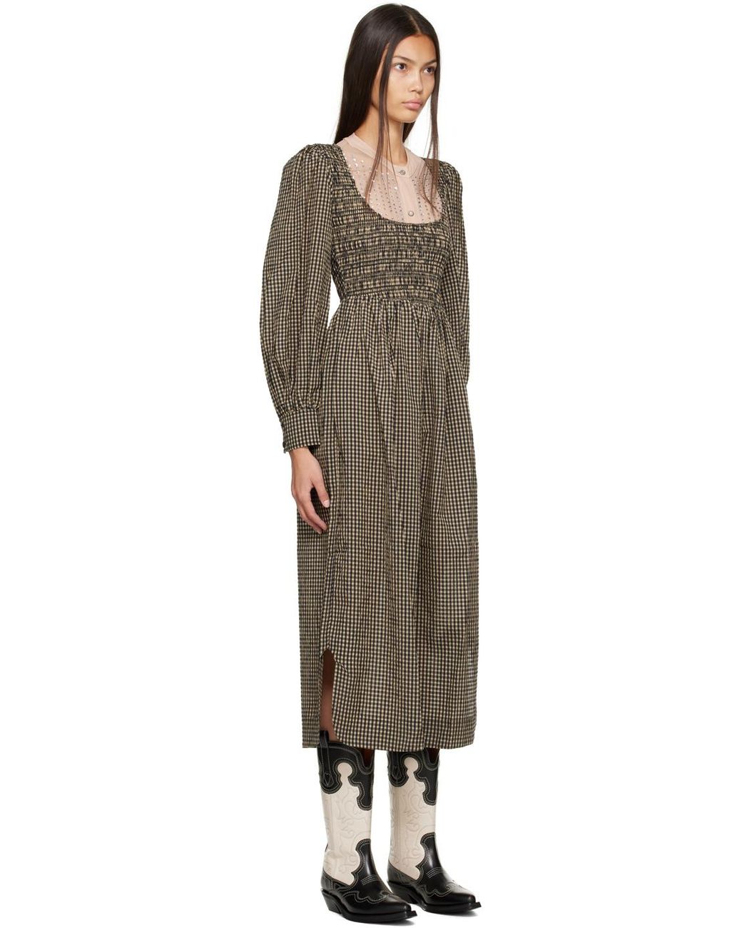 Ganni シアサッカー ミディアムワンピース ブラック | Lyst