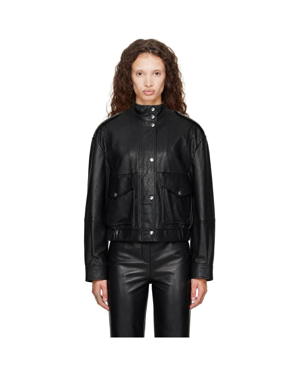 Boss Black Stand Collar Grained Leather Jacket