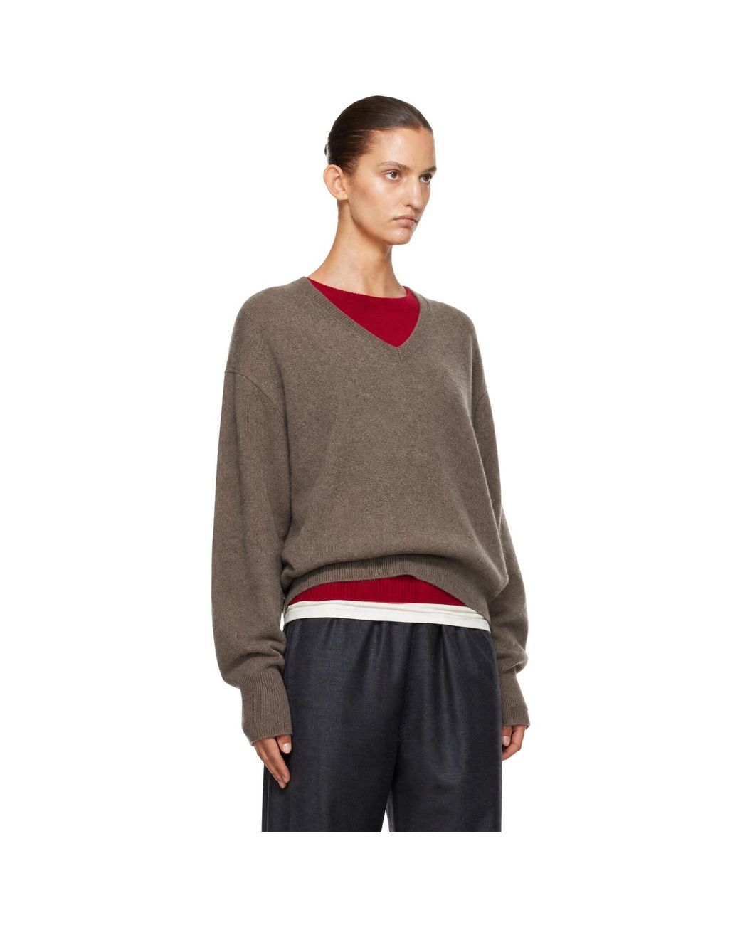 Ssstein Brown Pure Cashmere Knit V-Neck Sweater